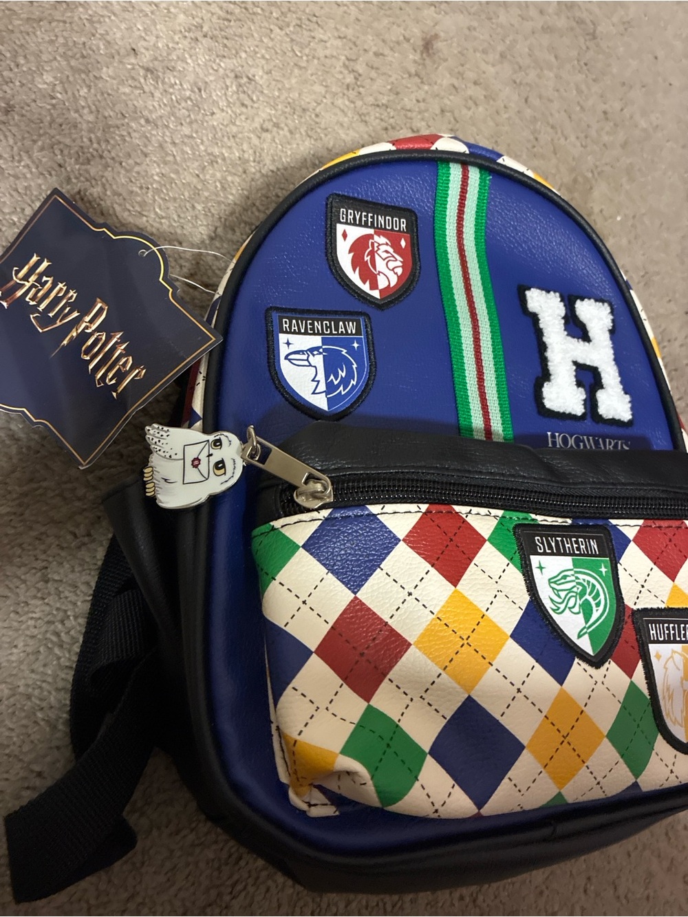 Warner Bros. Blue Hogwarts Patch Mini Backpack with Multicolor Argyle Pocket